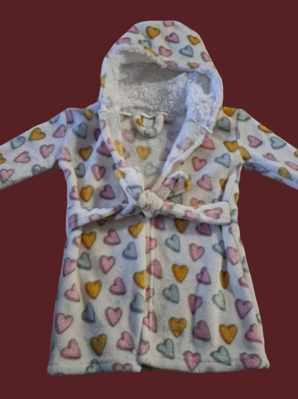 Modern Baby Cozy White Hooded Robe Multicolored Heart Print Size 0-9 Months
